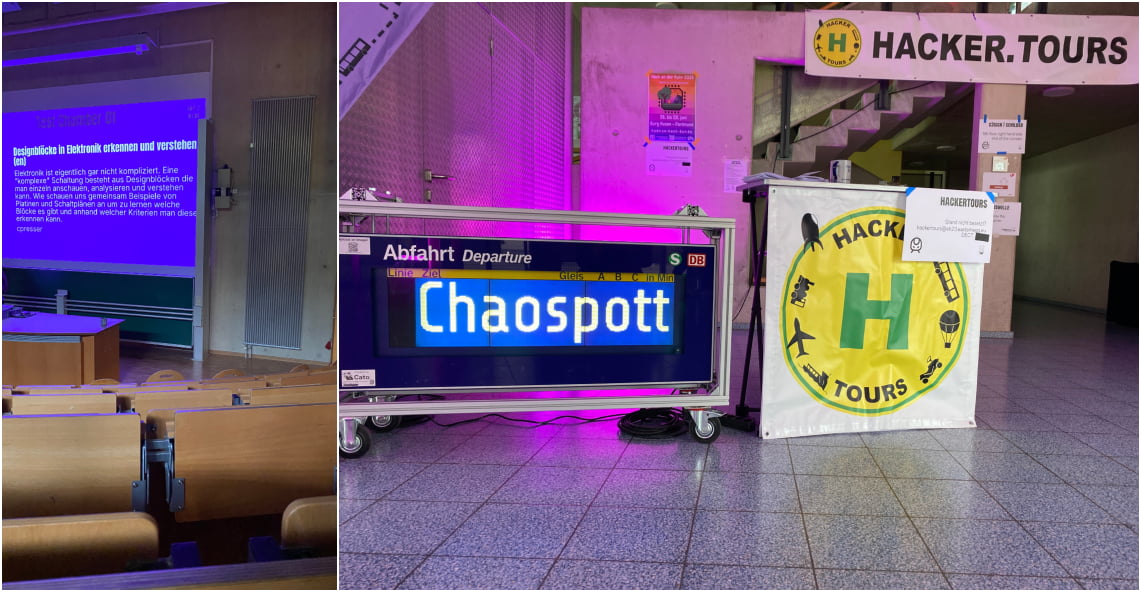 Innenaufnahme eines Vorlesungssaals mit Sitzreihen und Projektionsfläche links; rechts ein Ausstellungsstand mit einem digitalen „Chaospott“-Anzeigeschild sowie „Hacker Tours“-Banner und Infotisch unter violetter Beleuchtung.