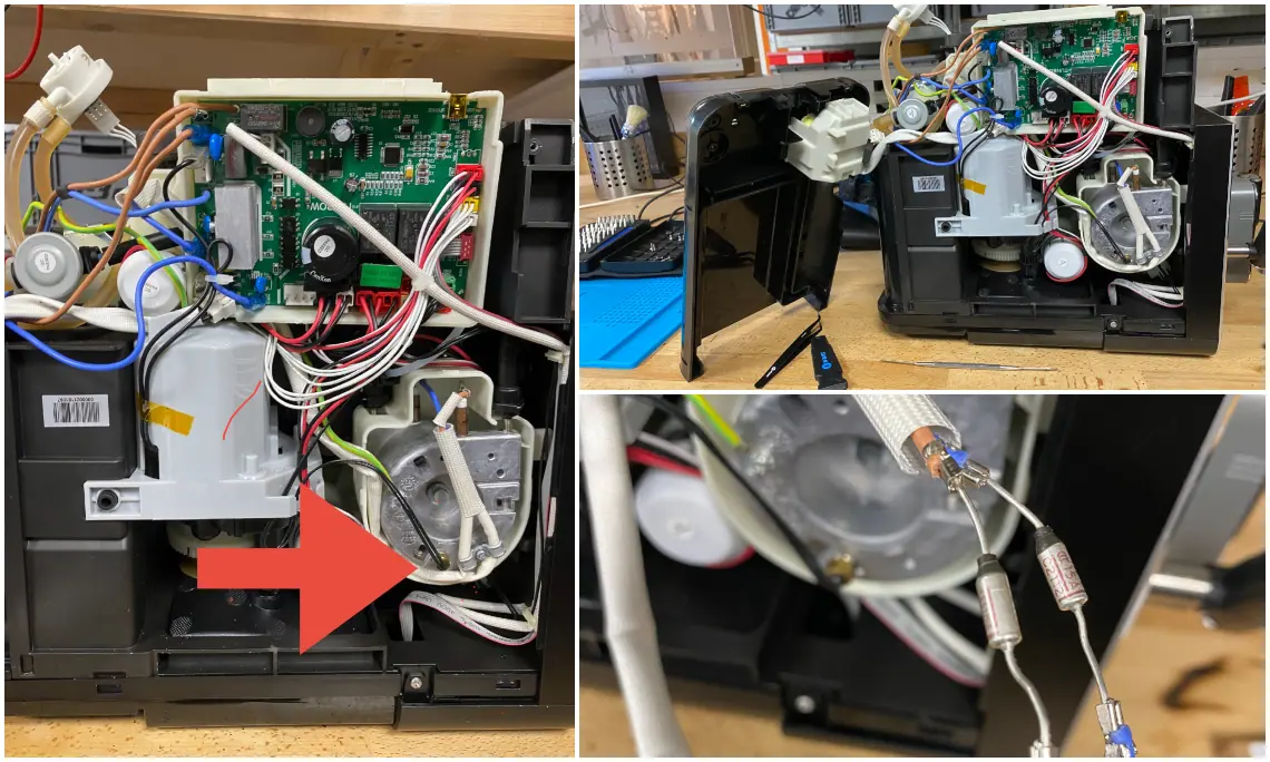 Die Kollage zeigt in drei Bildern einen geöffneten Kaffeevollautomaten, der auf einer Werkbank steht. Sicht auf Platine, Verkabelung, Pumpe und Thermoblock. Ein roter Pfeil markiert zwei abgezogene, mit Steckverbindern versehene Kabel. Dort befinden sich zwei Sicherunen, die man auf einem der Bilder in einer Nahaufnahme gezeigt werden.