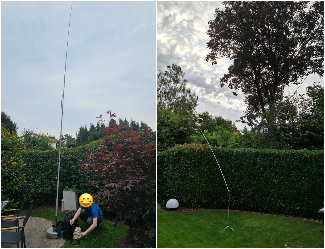 Das Bild zeigt zwei Antennen. Links: Vertikale EndFed. Rechts: v-Dipole